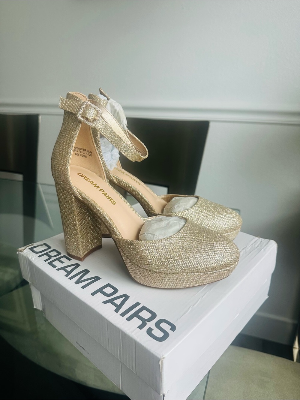 Dream Pairs Gold Glitter Ankle-Strap Platform Block Heels